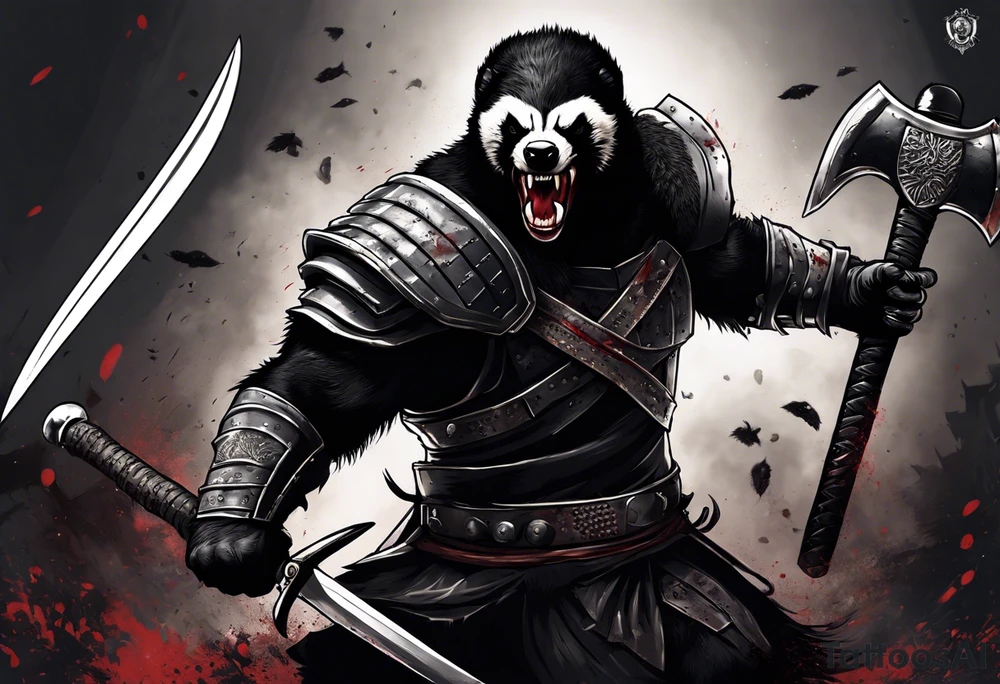 Draw me psychopath Honey Badger/Berserker with aggressive full body, killer face with a scary smile, very long nails and he attacks like a Bloody Assassin/Warrior/Gladiator to us and also, he has very deadly looking. He fights with his nails only. Everybody scares after their first sight. Give me horror type Badger Tattoo. I want to see his Realistic full body with no weapons. You can show destruction at the back. tattoo idea