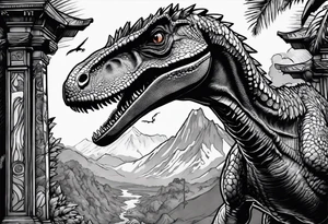 Velociraptor, a jeep, and the Jurassic Park gates, half sleeve tattoo idea