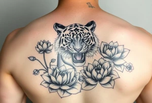 fierce tiger emerging through blooming lotus flowers in mist tattoo idea