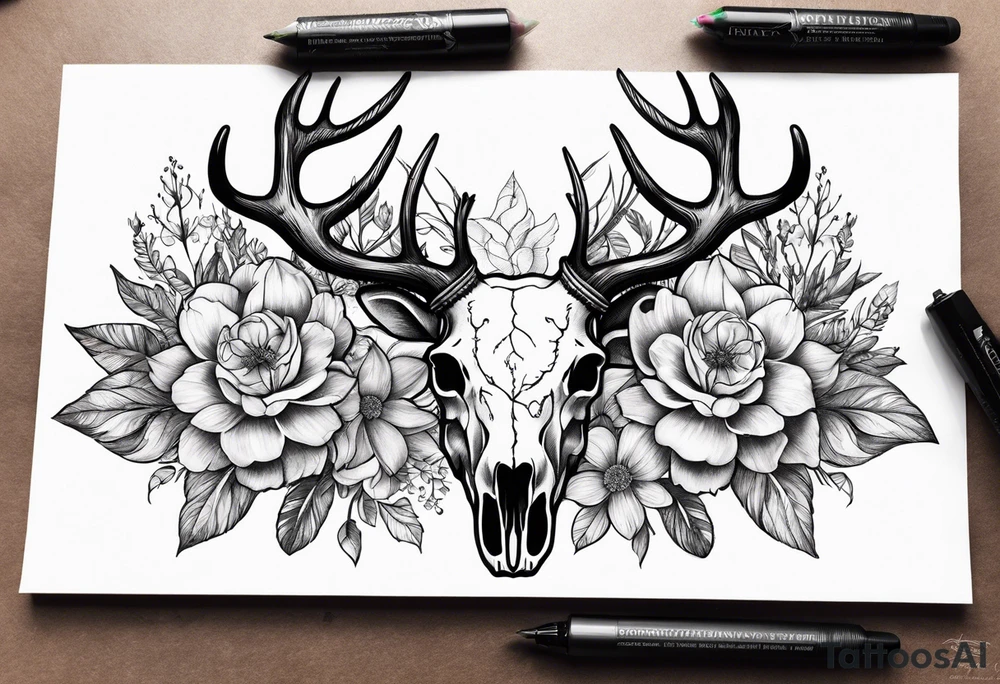 Reindeer skull and flower tattoo idea