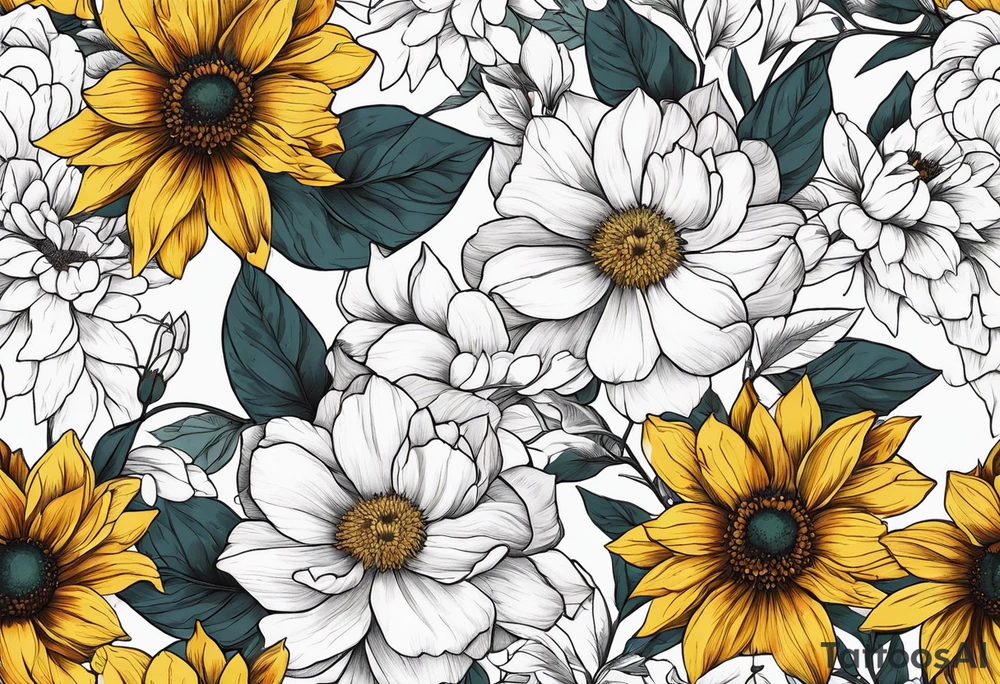 Upper arm half sleeve fall color peonie, sunflowers, magnolias, wild flowers tattoo idea