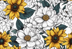 Upper arm half sleeve fall color peonie, sunflowers, magnolias, wild flowers tattoo idea