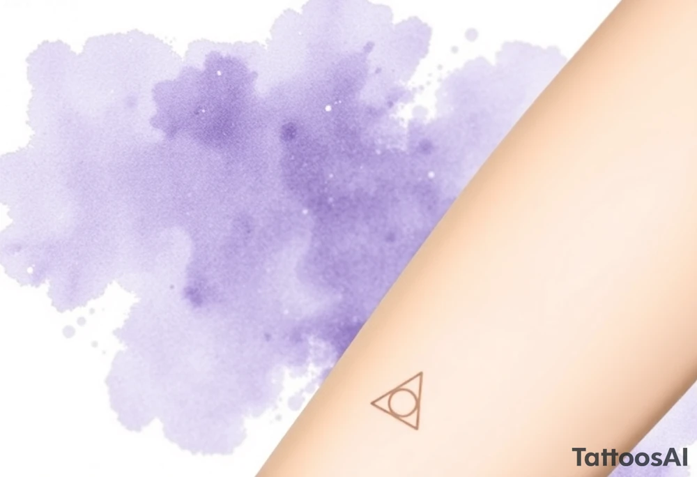 A delicate Deathly Hallows full symbol in thin gold lines, set against a soft watercolor galaxy background in shades of deep purple and midnight blue tattoo idea
