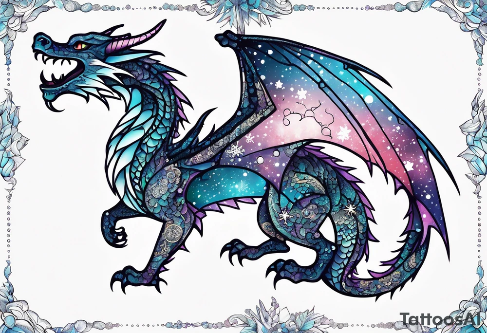 Constellation, kawaii dragon, snowflake tattoo idea
