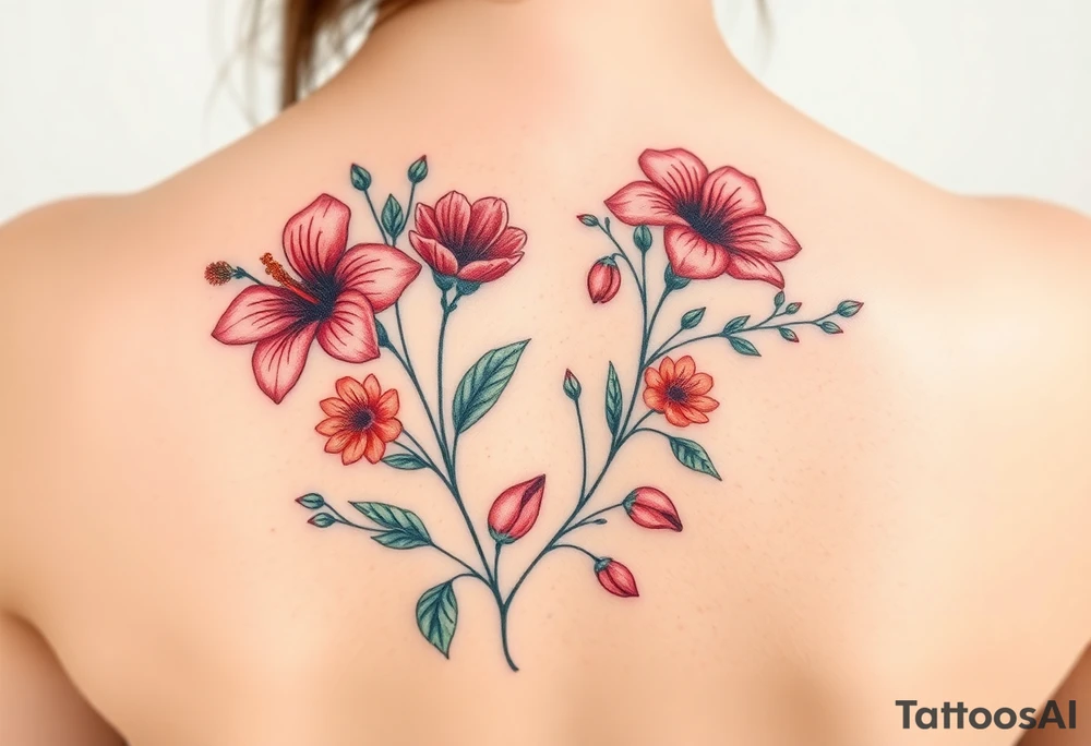 wild hibiscus and meadow flowers with morning dew drops and foxes tattoo idea