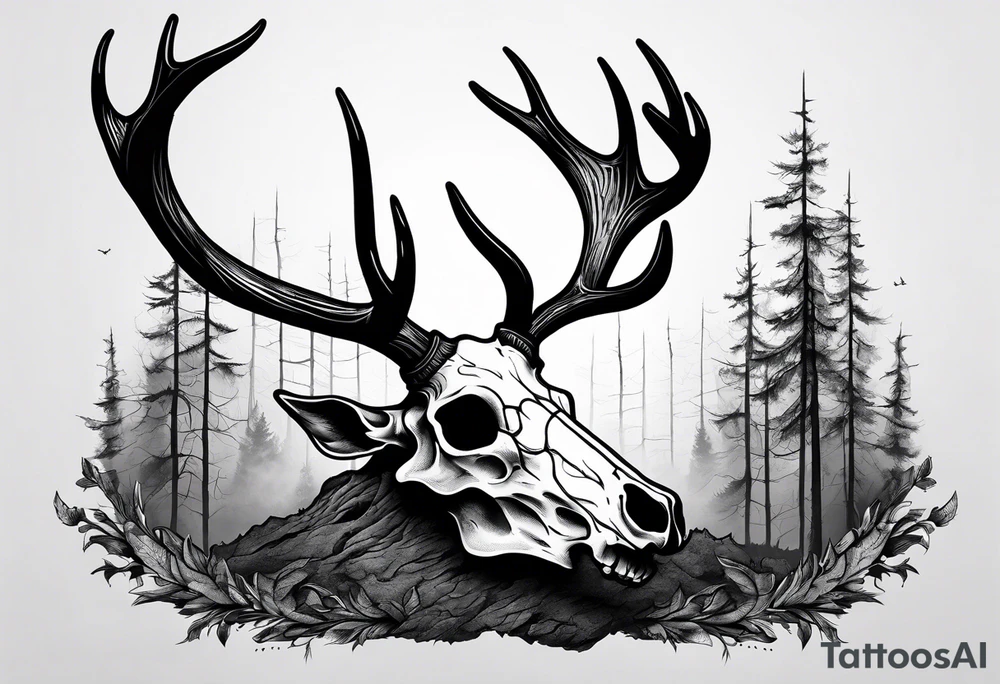 A SCARY side view of a decayed deer skull NO SKIN JUST BONE surrounded by a forest fire in background tattoo idea