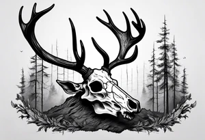 A SCARY side view of a decayed deer skull NO SKIN JUST BONE surrounded by a forest fire in background tattoo idea