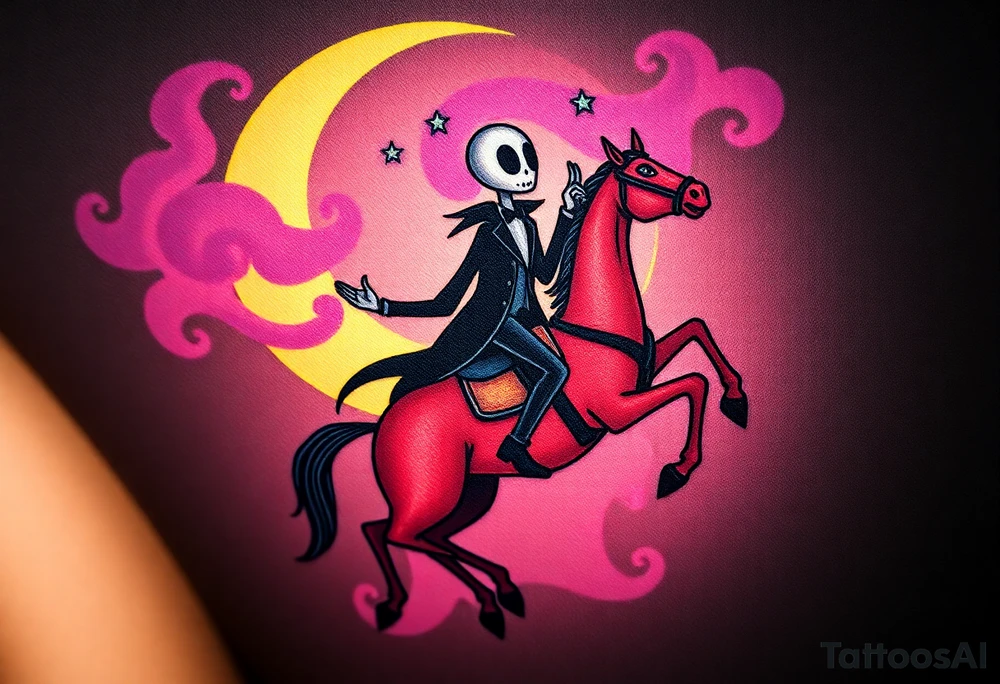 Tim Burton’s headless horseman is riding in the night he holds his head in hand as his horse bucks upwards and dripping with muted reds, dusty pinks, and eerie green glow.purple and cyan smokey clouds swirl in the crescent moonlit sky thats sprinkled with stars tattoo idea tattoo idea