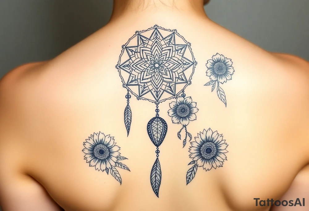 Dreamcatcher with zodiac symbols and protection runes caught in it with tigerlillies roses and sunflowers tattoo idea