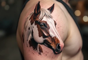 Paint Horse Portrait – A white and brown patched horse head with detailed fur texture, subtle pink muzzle and soft brown eyes, in photorealistic style. tattoo idea