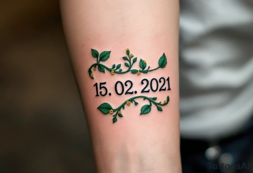 Luky 15. 02. 2021 – Deep emerald green vine twisting around Lucas's birthdate, with small yellow blooms dotting the numbers. tattoo idea