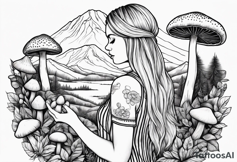 Straight blonde hair girl holding mushrooms in hand facing away toward mountains surrounded by mushrooms circular design black and white striped dress tattoo idea