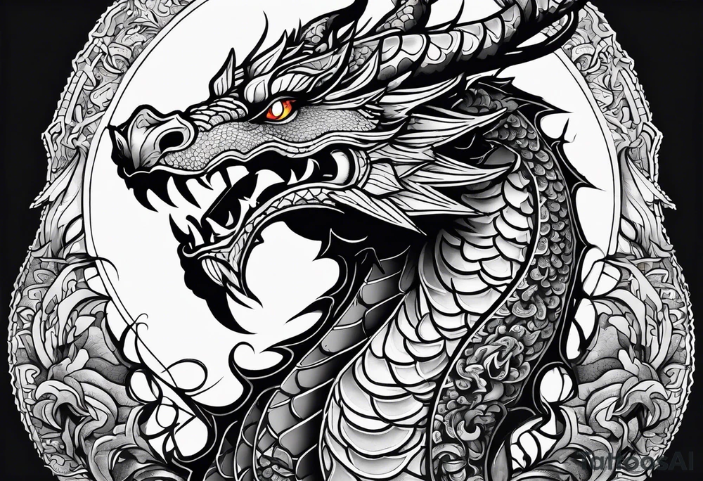 An ornate dragon breathing fire, with intricate scales and a fierce expression, symbolizing power and protection.” tattoo idea