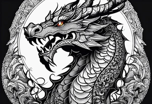 An ornate dragon breathing fire, with intricate scales and a fierce expression, symbolizing power and protection.” tattoo idea
