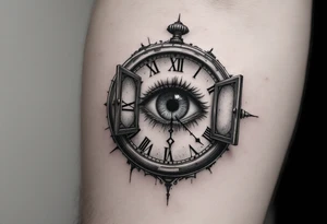 A surreal clock with an eye in place of the dial, eyelids opening like doors, intricate detail, realistic shading, black and gray. tattoo idea