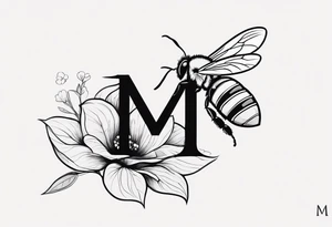 Hydrangea flower with a small bee, flying near it and the letter M by the bee tattoo idea