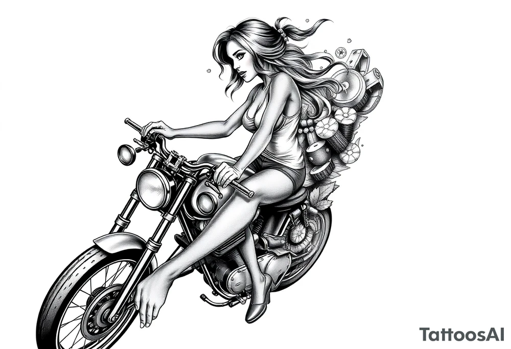 woman on a motorcycle combined with a gambling theme all sleeve tattoo idea