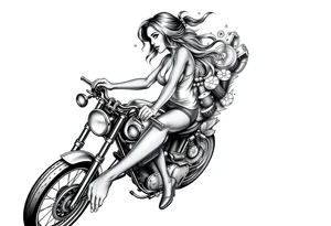 woman on a motorcycle combined with a gambling theme all sleeve tattoo idea