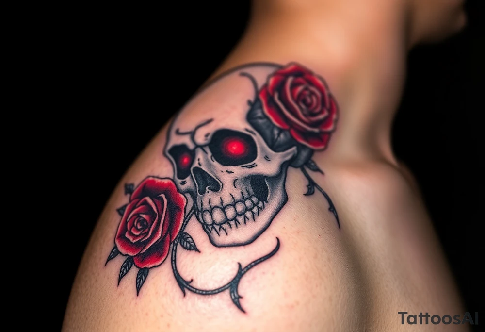 A gothic skull entwined with dark roses, with red highlights and silver thorns, symbolizing eternal love through life's battles tattoo idea