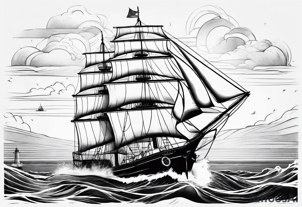 maritime lighthouse in a sailboat serving as a mast for a sail. tattoo idea
