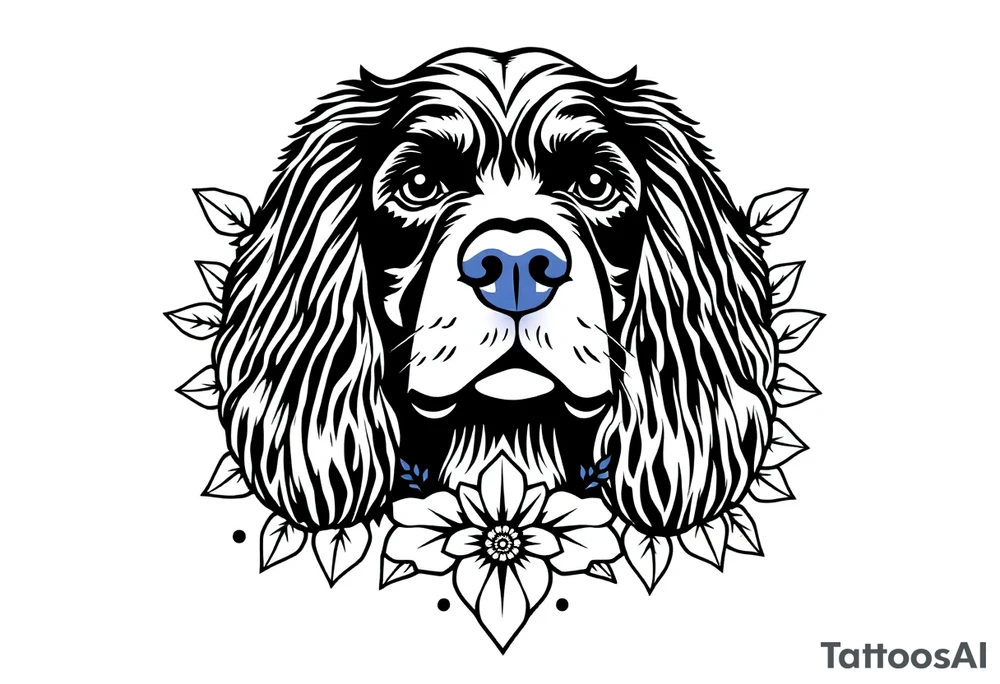 Female Cocker spaniel head with flowers and geometric boarder tattoo idea