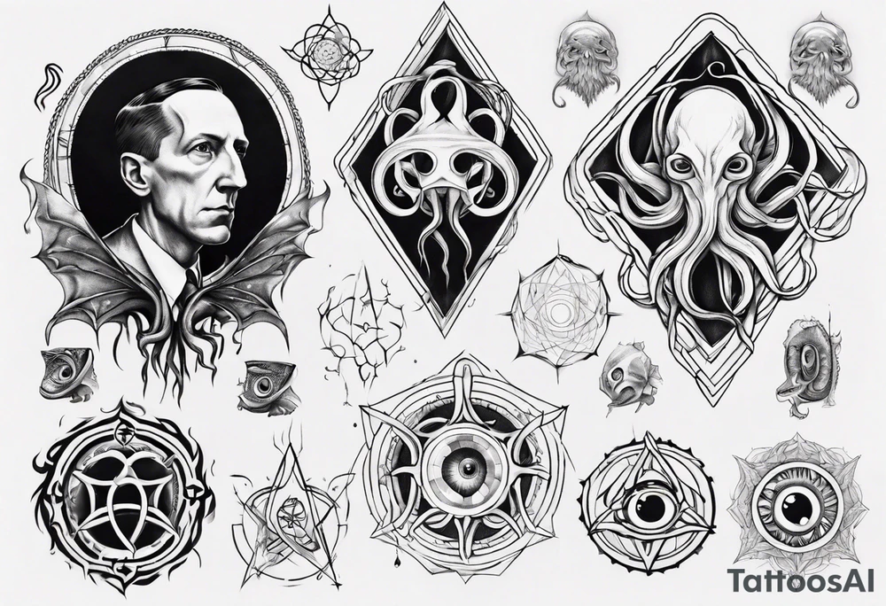 lovecraft long tattoo to put on the forearm, with eye and tentacle tattoo idea