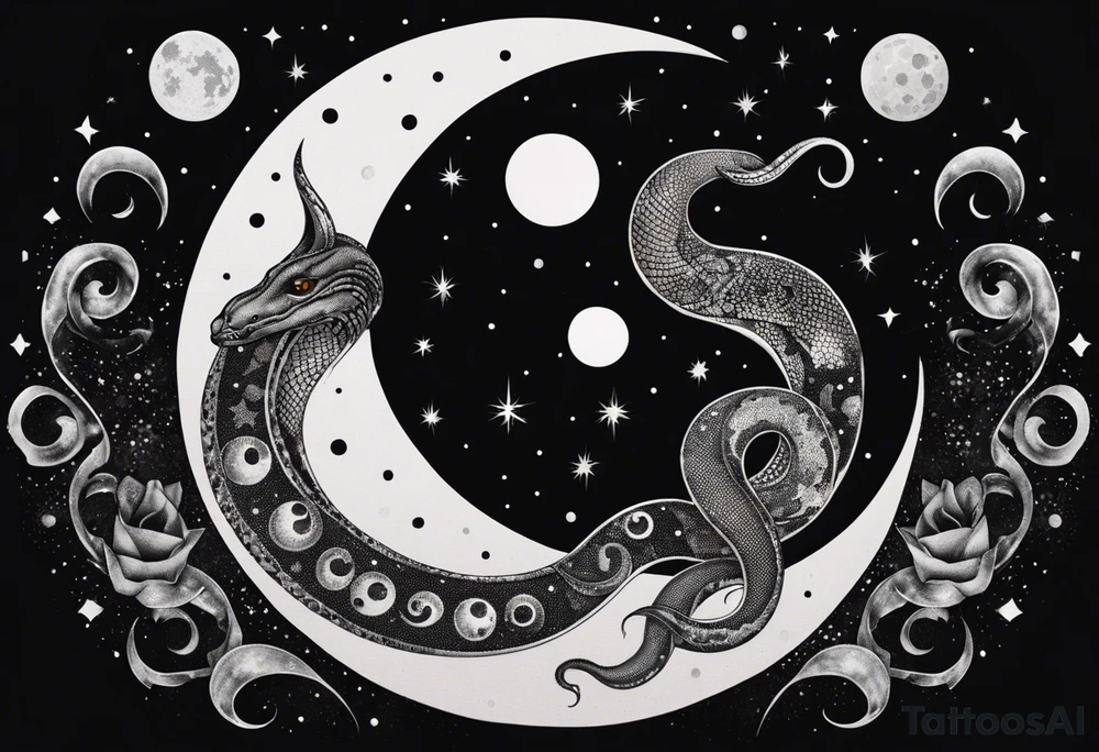 Yin and yang Snakes wrapping around the moon phases and hades and Persephone constellations tattoo idea