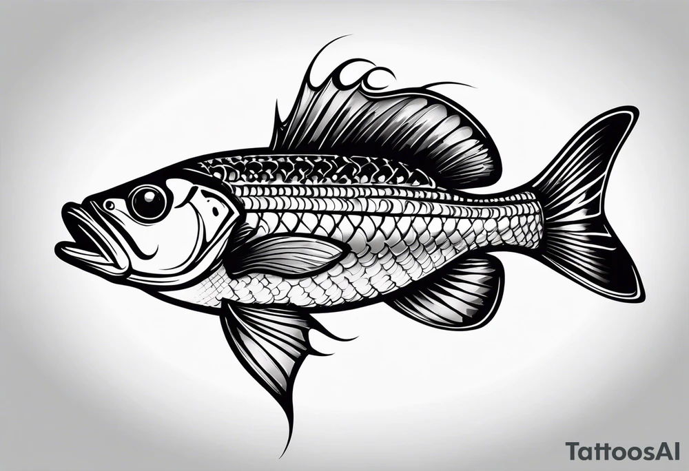 tribal bass fish, its tail turns into a fishing hook tattoo idea