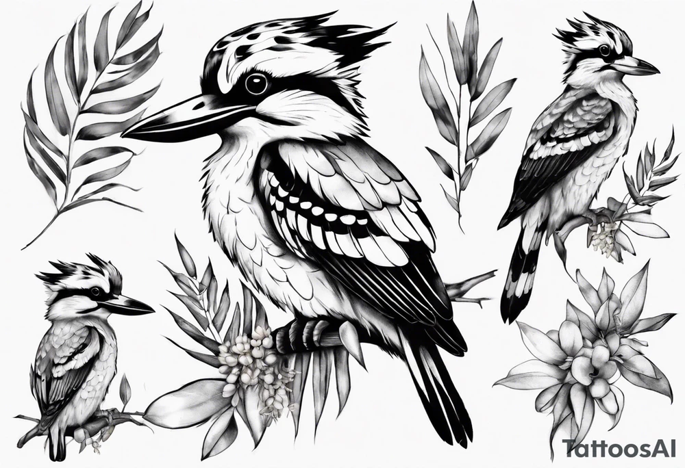 kookaburra sitting on wattle and eucalyptus leaves tattoo idea