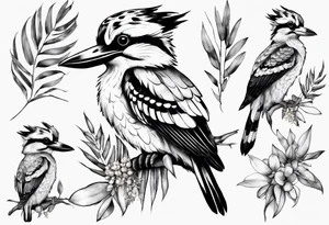 kookaburra sitting on wattle and eucalyptus leaves tattoo idea