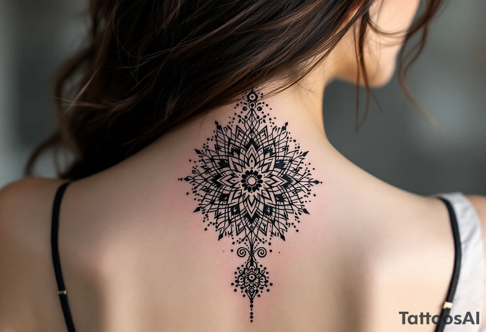 spine tattoo design with symmetrical ornamental patterns, combining dotwork, mandala elements, and flowing lines that follow the natural curves of the body. The design is intricate and balanced.” tattoo idea