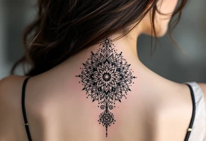 spine tattoo design with symmetrical ornamental patterns, combining dotwork, mandala elements, and flowing lines that follow the natural curves of the body. The design is intricate and balanced.” tattoo idea