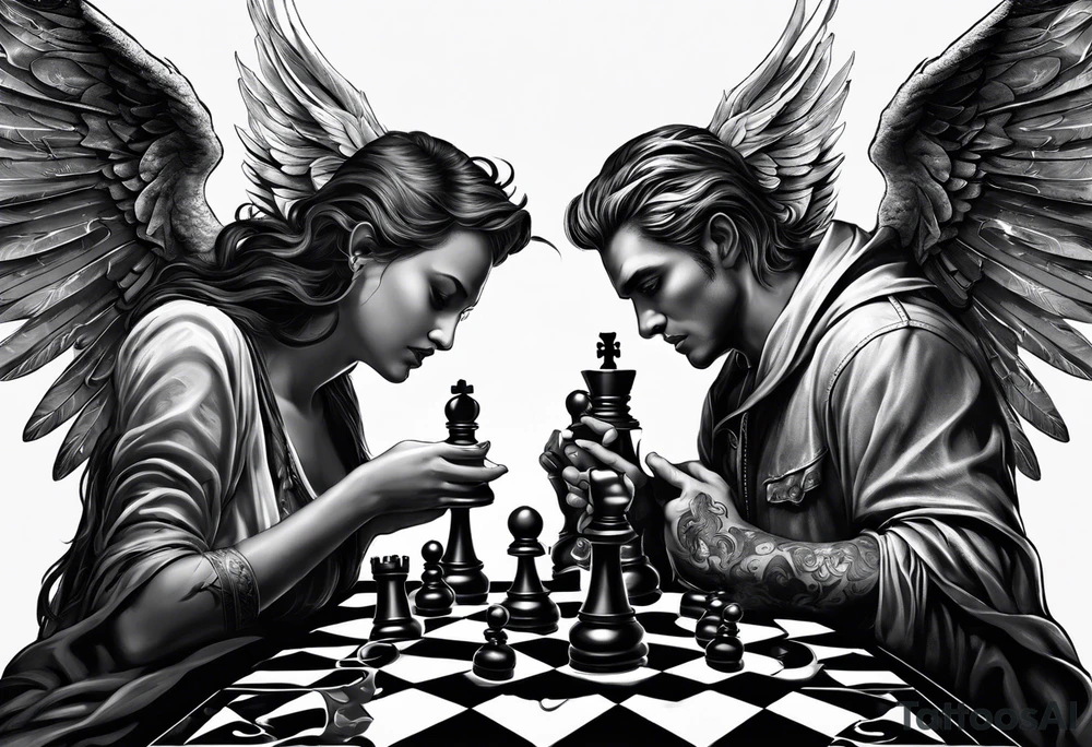 Depict an angel and devil engaged in a chess game, with the chessboard reflecting the cosmic battleground between good and evil, symbolizing the strategic nature of the eternal conflict. tattoo idea