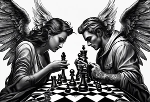 Depict an angel and devil engaged in a chess game, with the chessboard reflecting the cosmic battleground between good and evil, symbolizing the strategic nature of the eternal conflict. tattoo idea