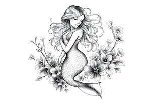 ethereal mermaid with flowing hair among coral and sea flowers tattoo idea