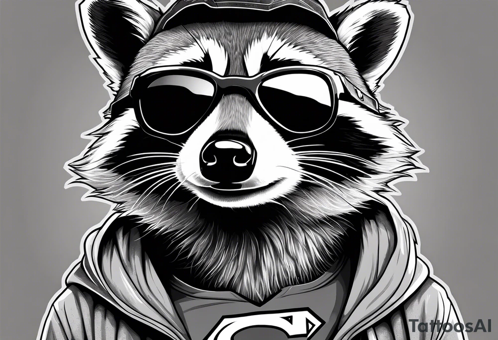 raccoon wearing a Superman hoodie tattoo idea