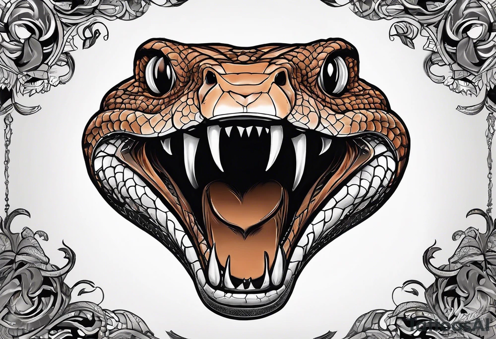 Copperhead with just the head turned up and mouth open, two fangs, black and white drawing with copper colored eye tattoo idea
