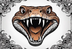 Copperhead with just the head turned up and mouth open, two fangs, black and white drawing with copper colored eye tattoo idea