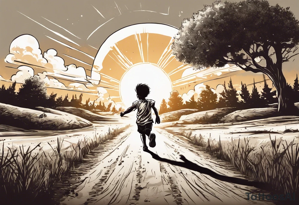 a male child running on a dirt road.
the child is running away towards a sun that is being hugged by a hammer.
on the left side of the dirt road pointing at the child ak47 and rpg.
on the right side there are trees.
under the sun clouds form the date 07.10.2023 tattoo idea