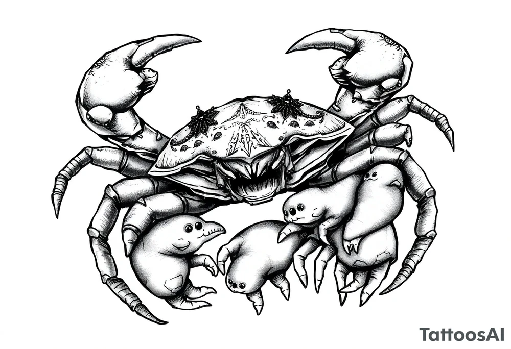 A king crab with baby’s around tattoo idea