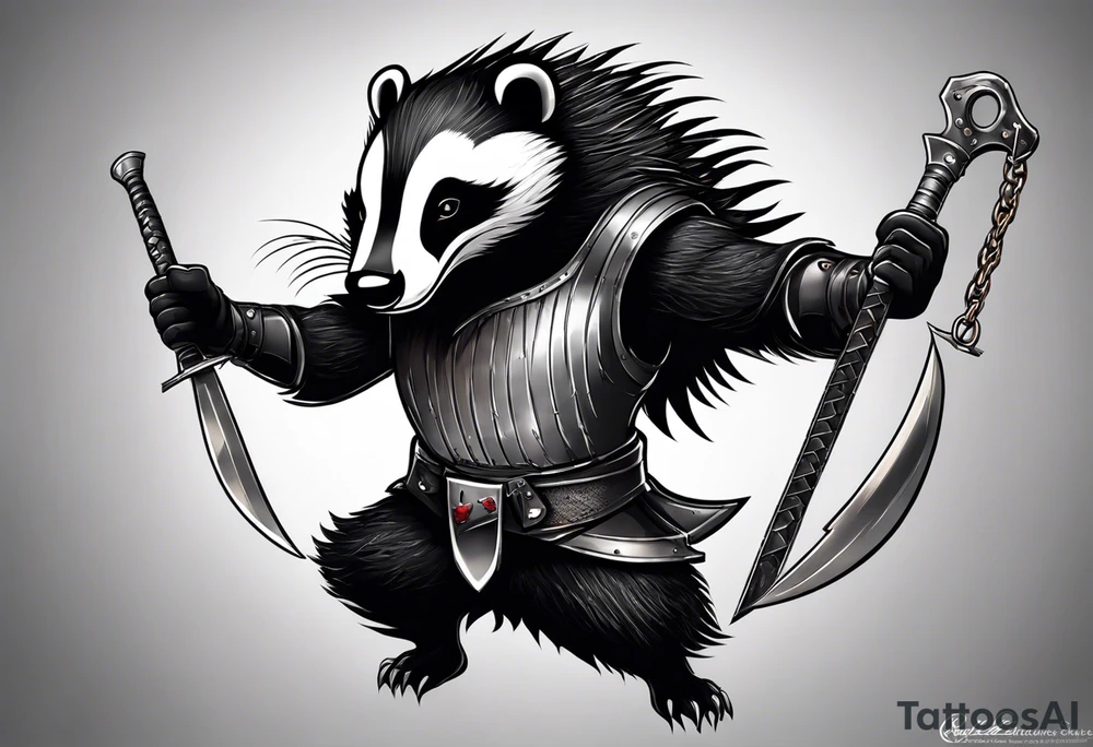 Draw me badger with aggressive full body, killer face with smile, very long nails and he attacks like a Turkish gladiator to enemy and also he has very deadly looking. The only weapon is his braveness he fights with his nails. Everybody scares after their first sight. tattoo idea