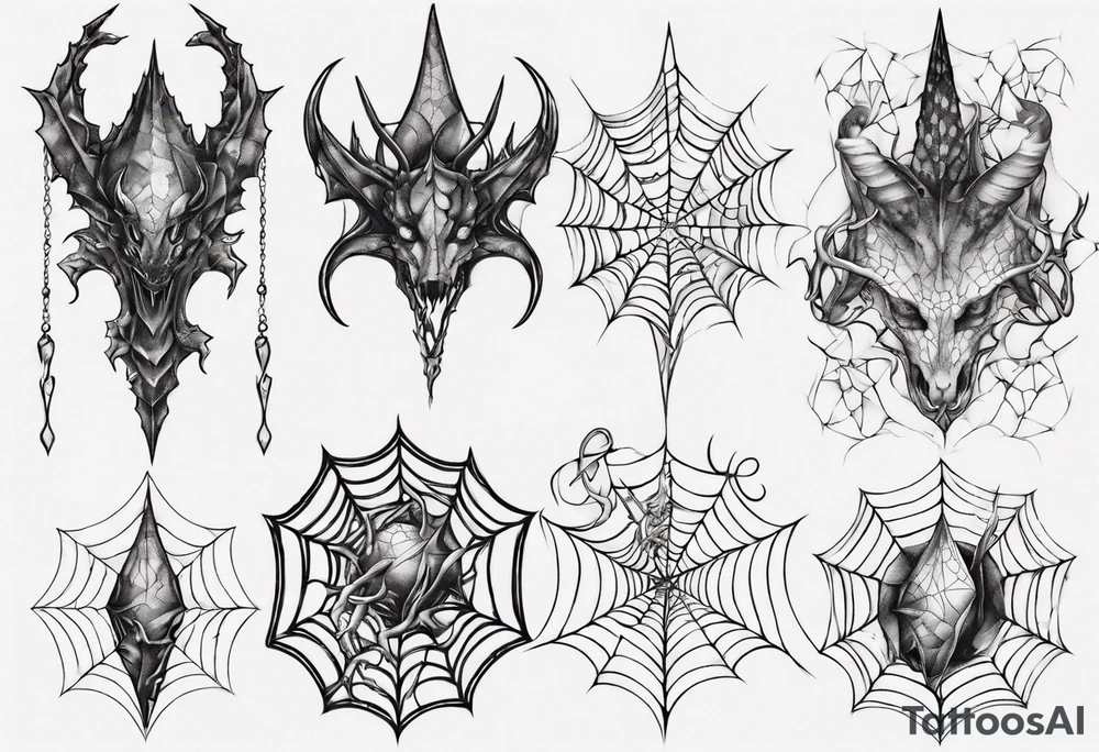 Dragon scales tangled spiderweb unicorn horn shattered chalices spider tattoo idea