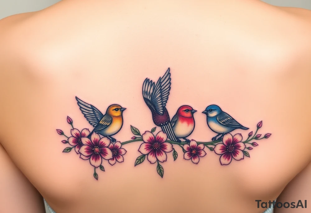Mom bird and three baby birds with flowers tattoo idea