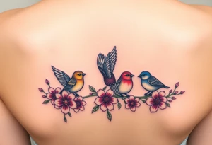 Mom bird and three baby birds with flowers tattoo idea