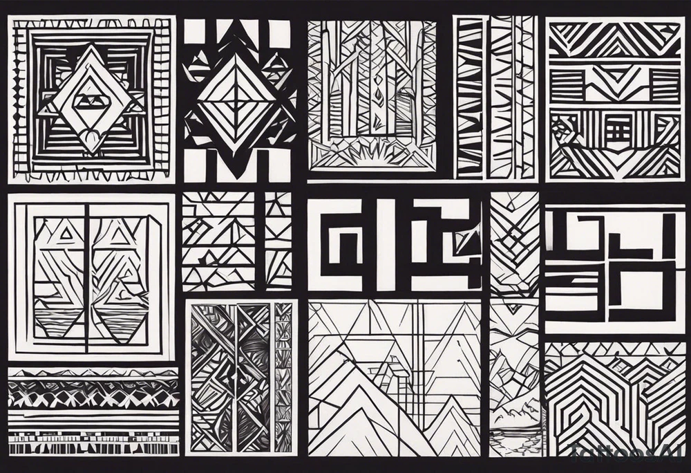 Create a tattoo design in a linear geometric art style depicting images associated with Peru, such as the Andes Mountains, Machu Picchu, llamas or traditional textile patterns. The tattoo should be done in a monochromatic black and white color scheme with clear outlines and minimal details to create an elegant and modern composition. tattoo idea
