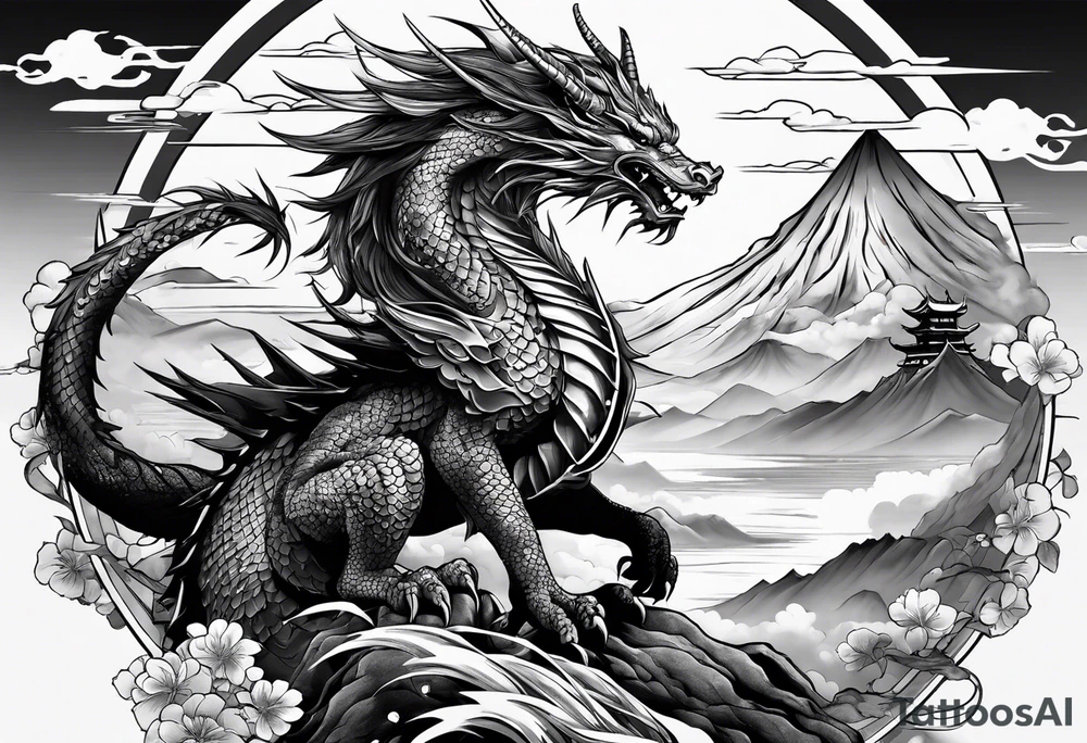 warrior beautiful fairy with a full body with a sword and a full dragon with a mountain with clouds and a Japanese building background tattoo idea