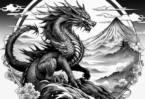warrior beautiful fairy with a full body with a sword and a full dragon with a mountain with clouds and a Japanese building background tattoo idea