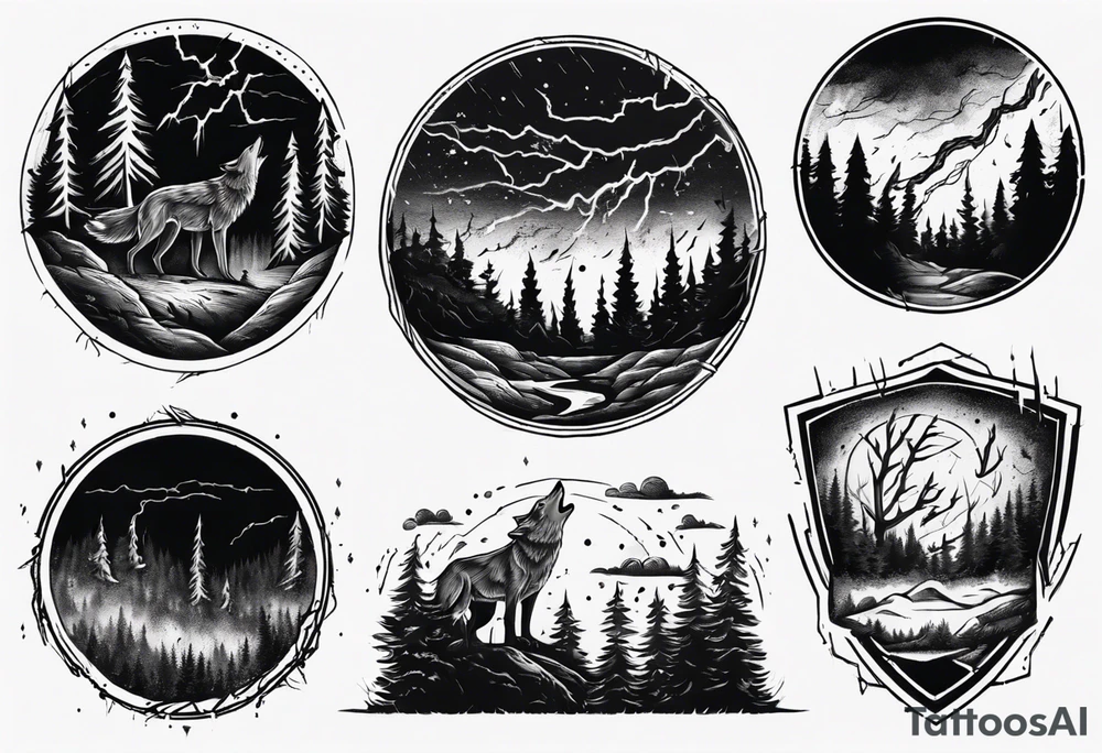 lightning storm over a forest with a distant wolf howling, including drums tattoo idea lightning storm over a forest with a distant wolf howling, including drums tattoo idea