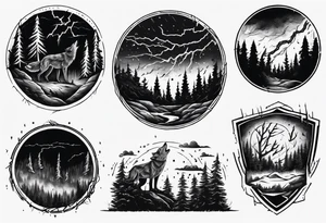 lightning storm over a forest with a distant wolf howling, including drums tattoo idea