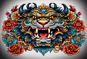 Double chest piece, done in Neo Japanese style of Okinawa shisa. On one side is the male with his mouth open, and the other side, the female with her mouth closed. tattoo idea